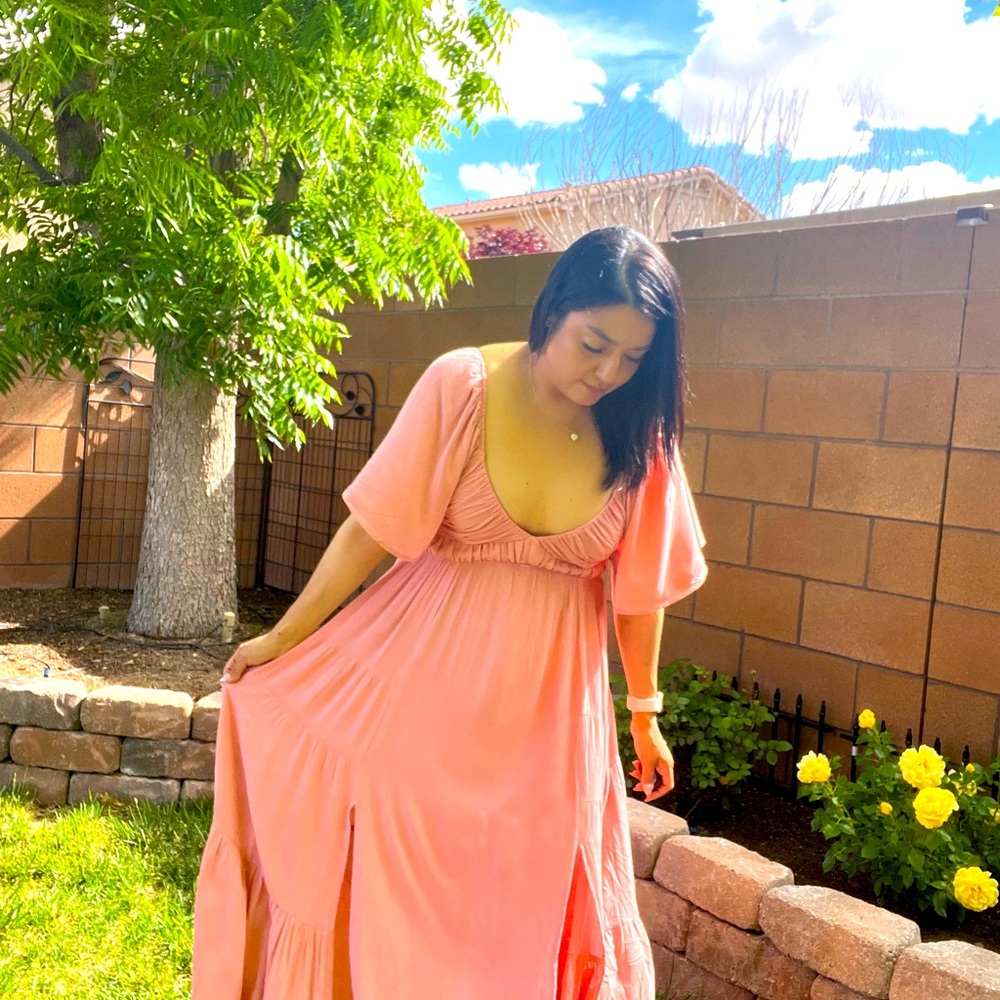 Smocked Gauze Tiered Ruffle Maxi Dress in Rose
